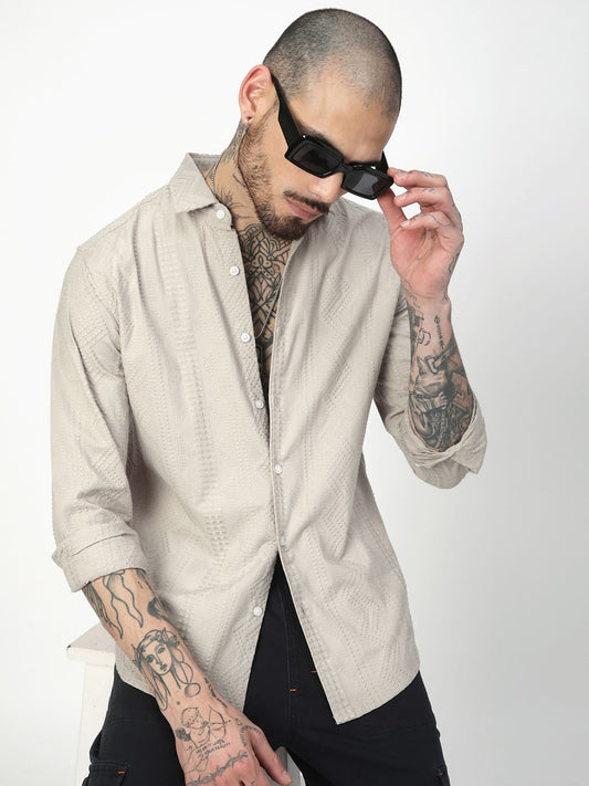 Premium Cotton Harbour Grey Geometric Embroidered Shirt