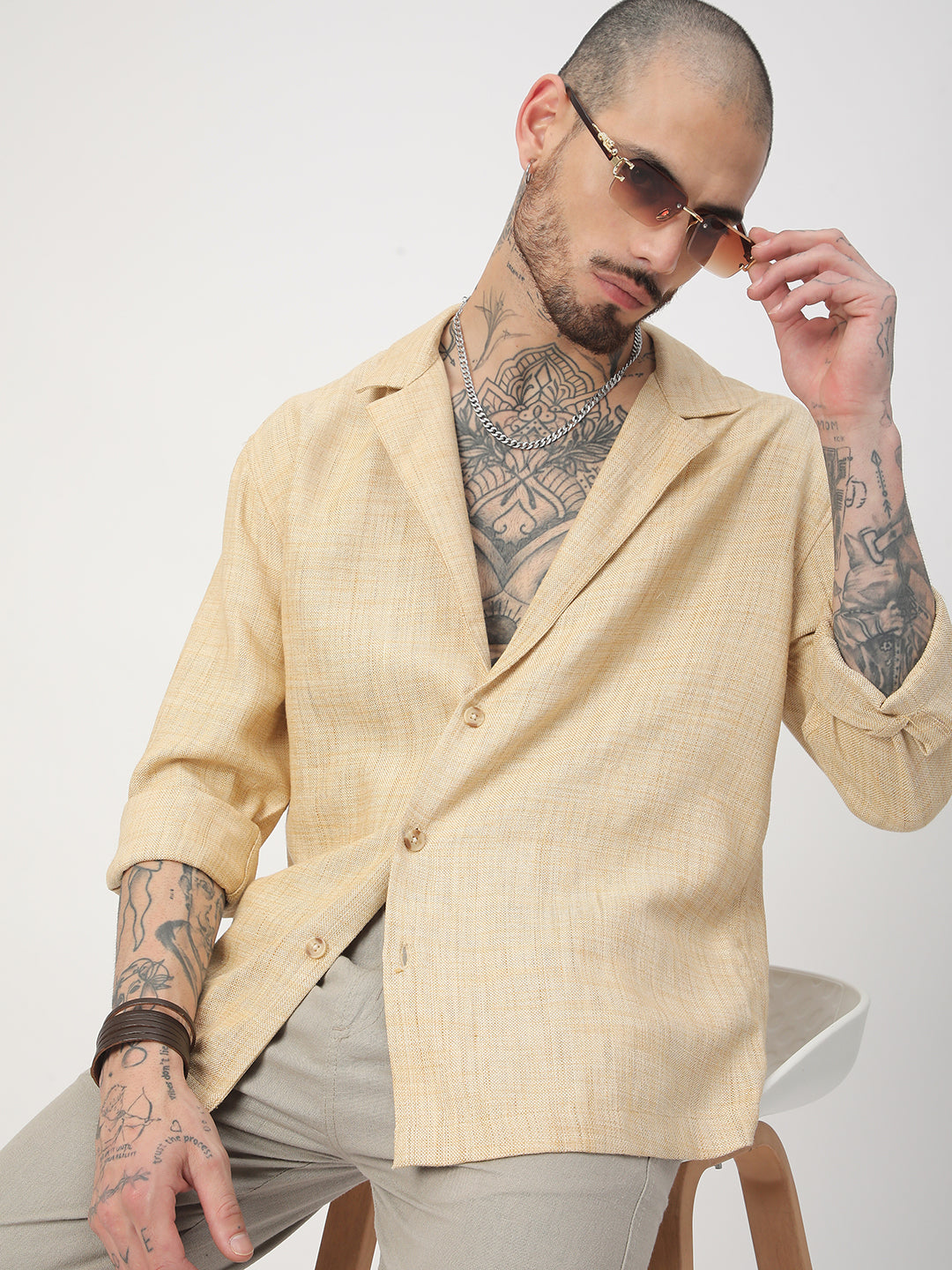 Beige Melange Burlap Oversized Notched Lapel Collar Shirt