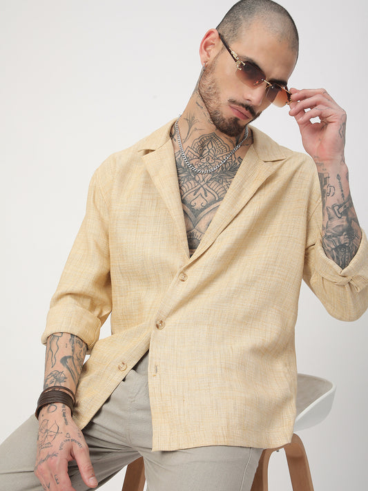 Beige Melange Burlap Oversized Notched Lapel Collar Shirt
