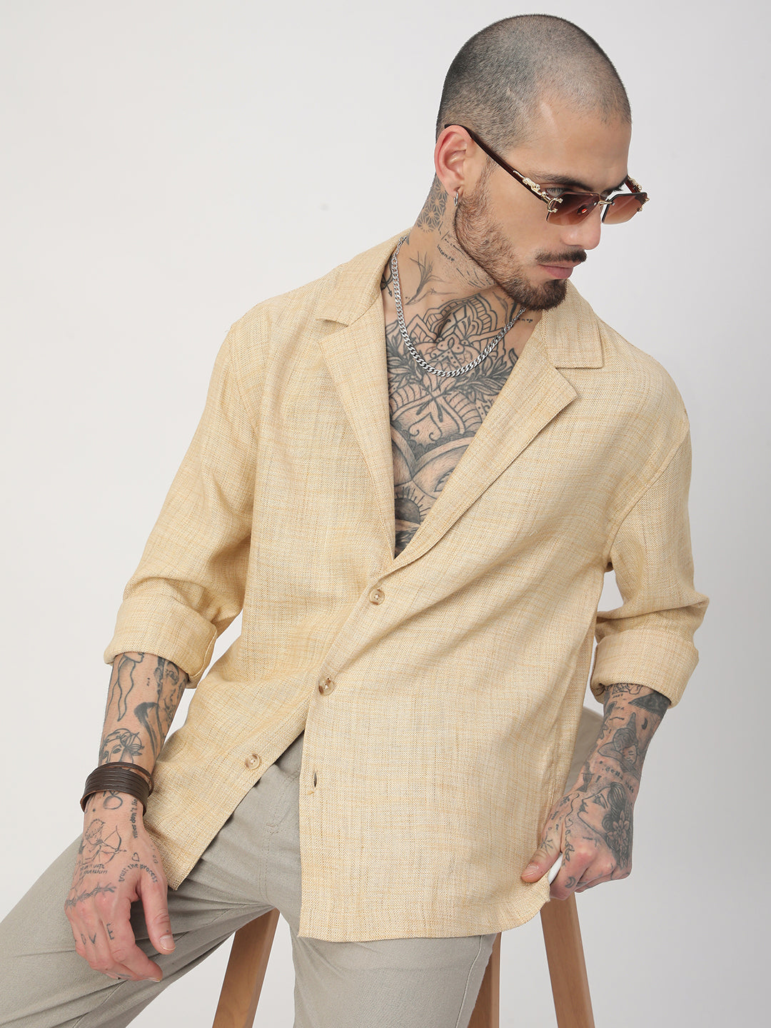 Beige Melange Burlap Oversized Notched Lapel Collar Shirt