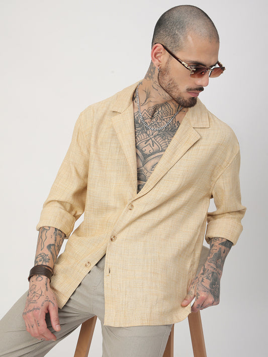 Beige Melange Burlap Oversized Notched Lapel Collar Shirt
