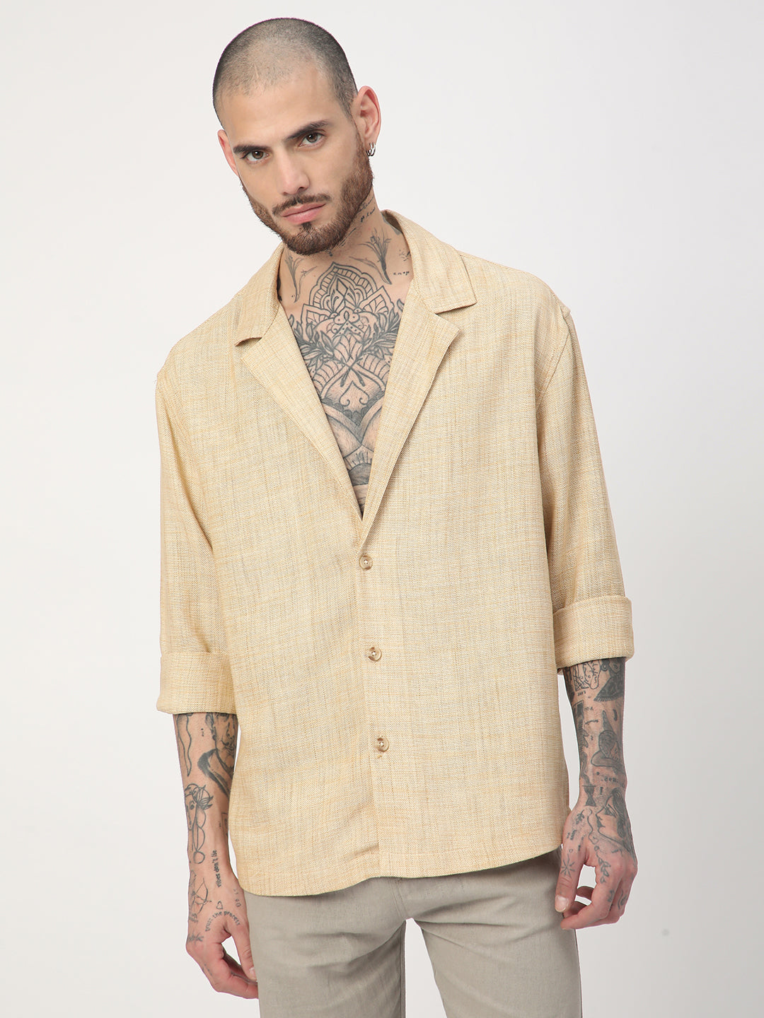 Beige Melange Burlap Oversized Notched Lapel Collar Shirt