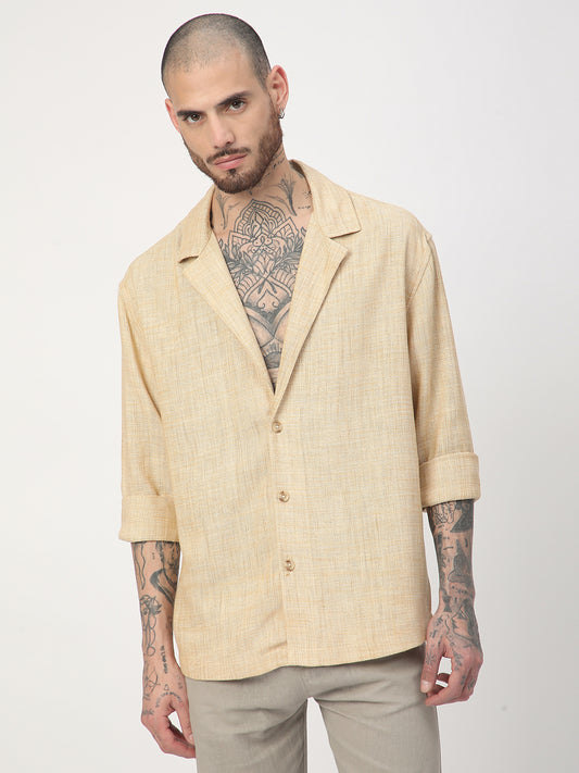 Beige Melange Burlap Oversized Notched Lapel Collar Shirt