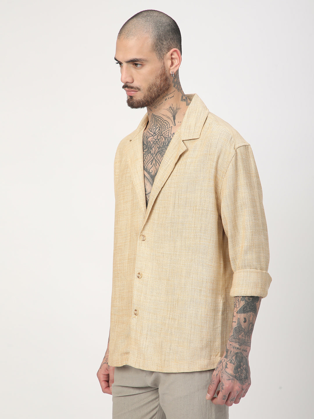 Beige Melange Burlap Oversized Notched Lapel Collar Shirt