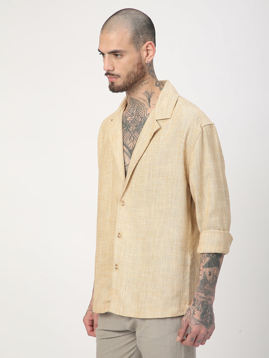 Beige Melange Burlap Oversized Notched Lapel Collar Shirt