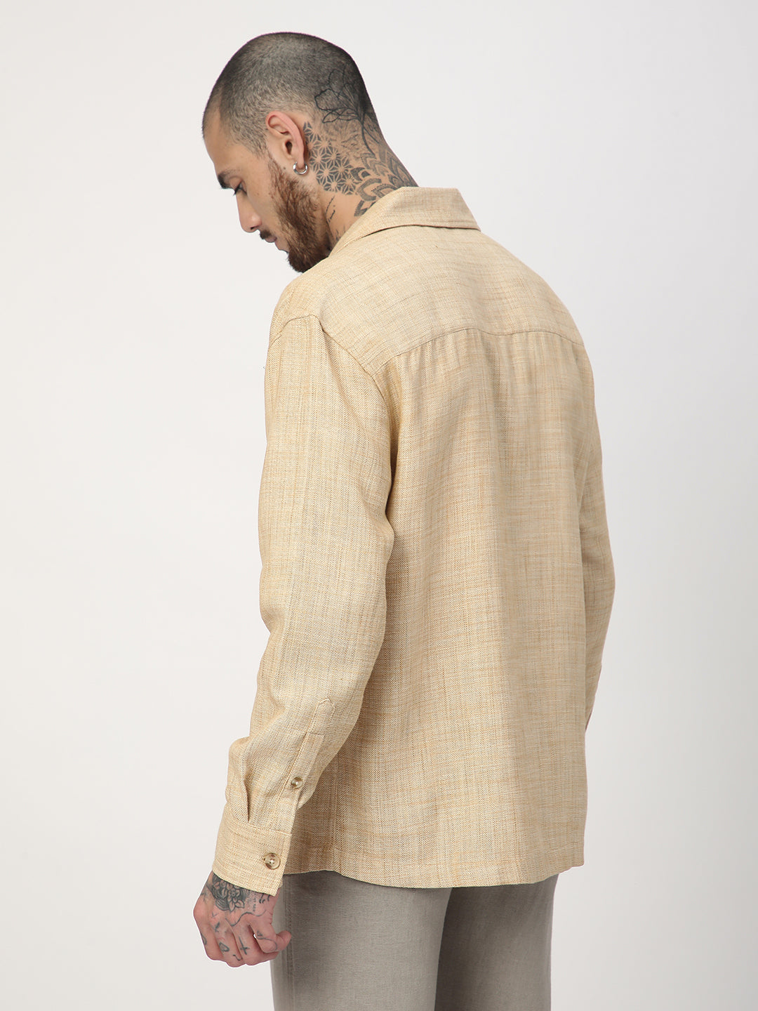 Beige Melange Burlap Oversized Notched Lapel Collar Shirt