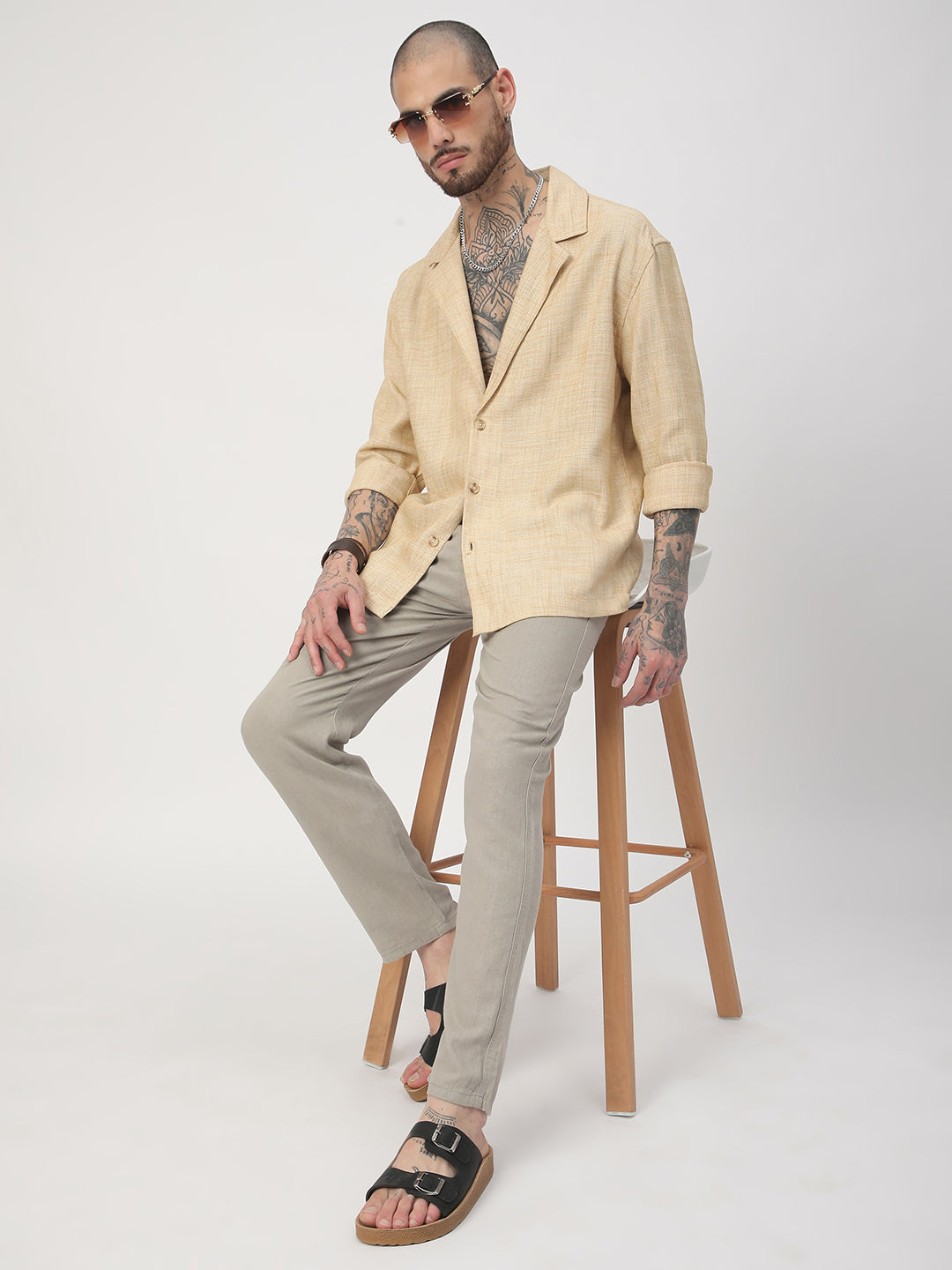 Beige Melange Burlap Oversized Notched Lapel Collar Shirt