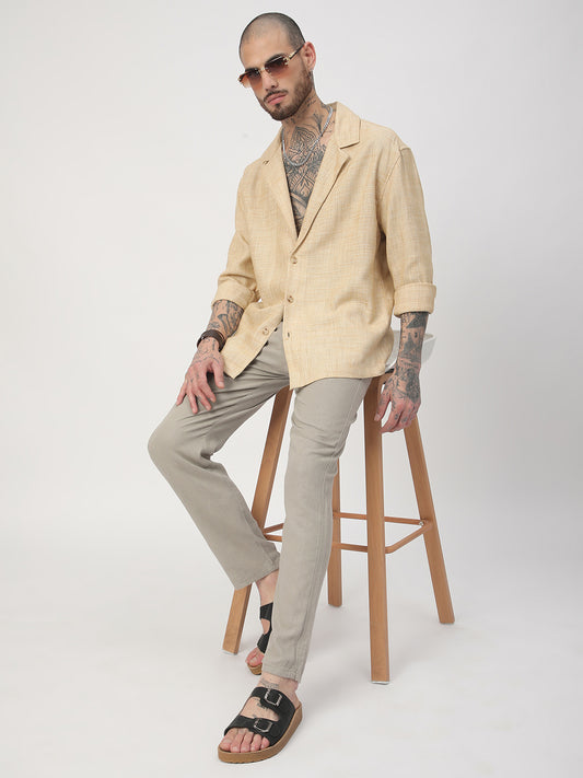 Beige Melange Burlap Oversized Notched Lapel Collar Shirt