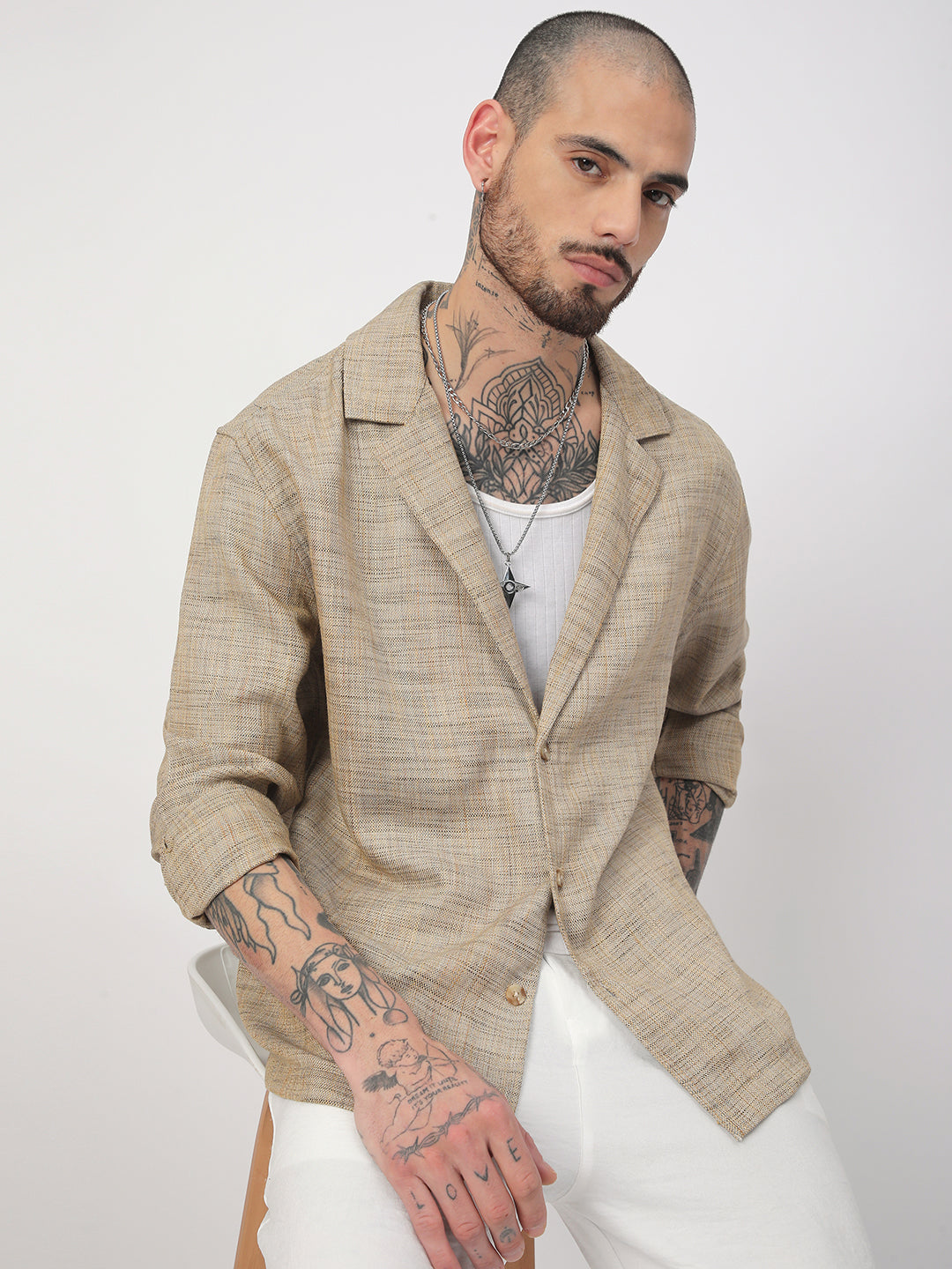 Tan Beige Melange Burlap Oversized Notched Lapel Collar Shirt