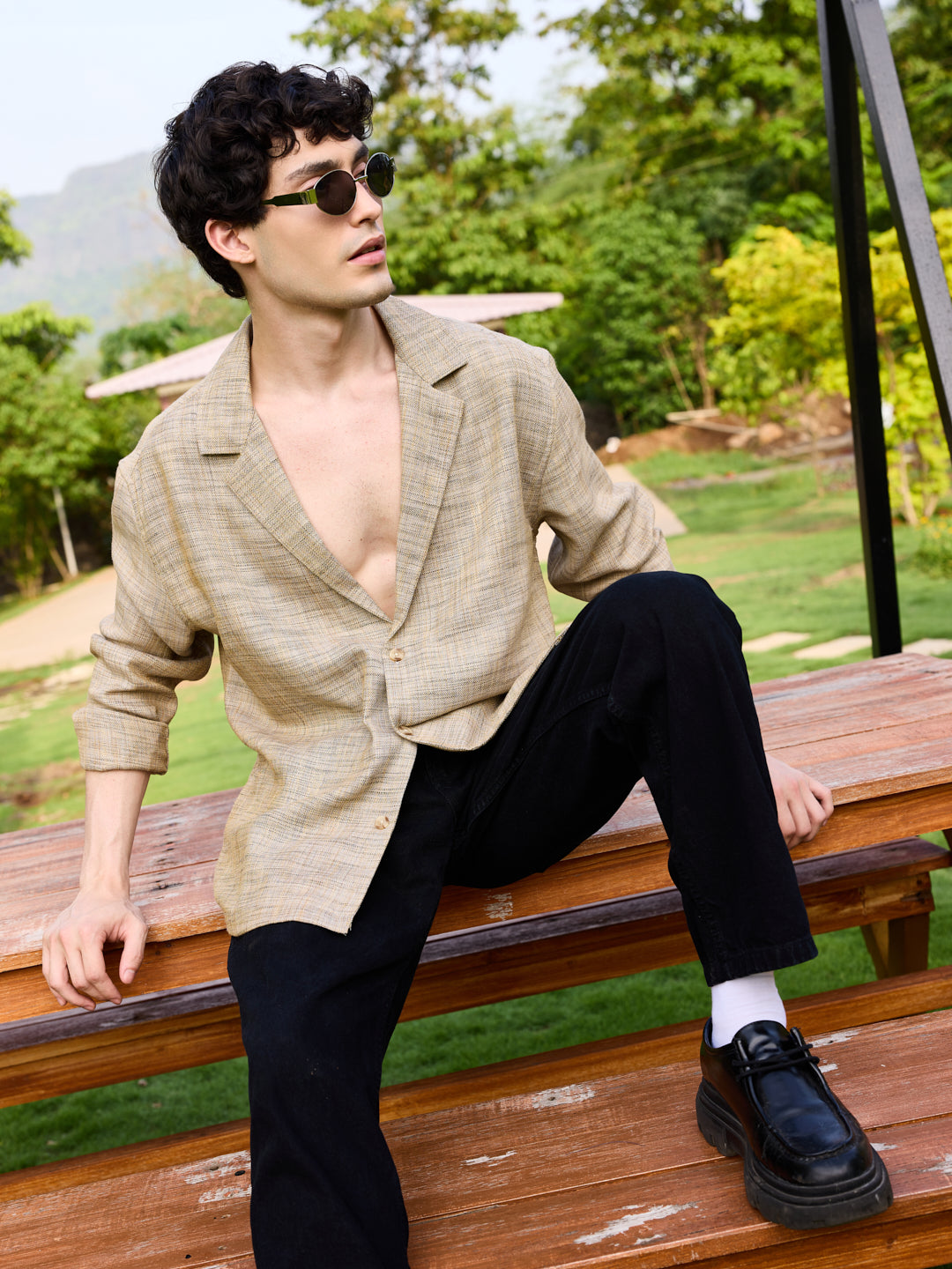 Tan Beige Melange Burlap Oversized Notched Lapel Collar Shirt