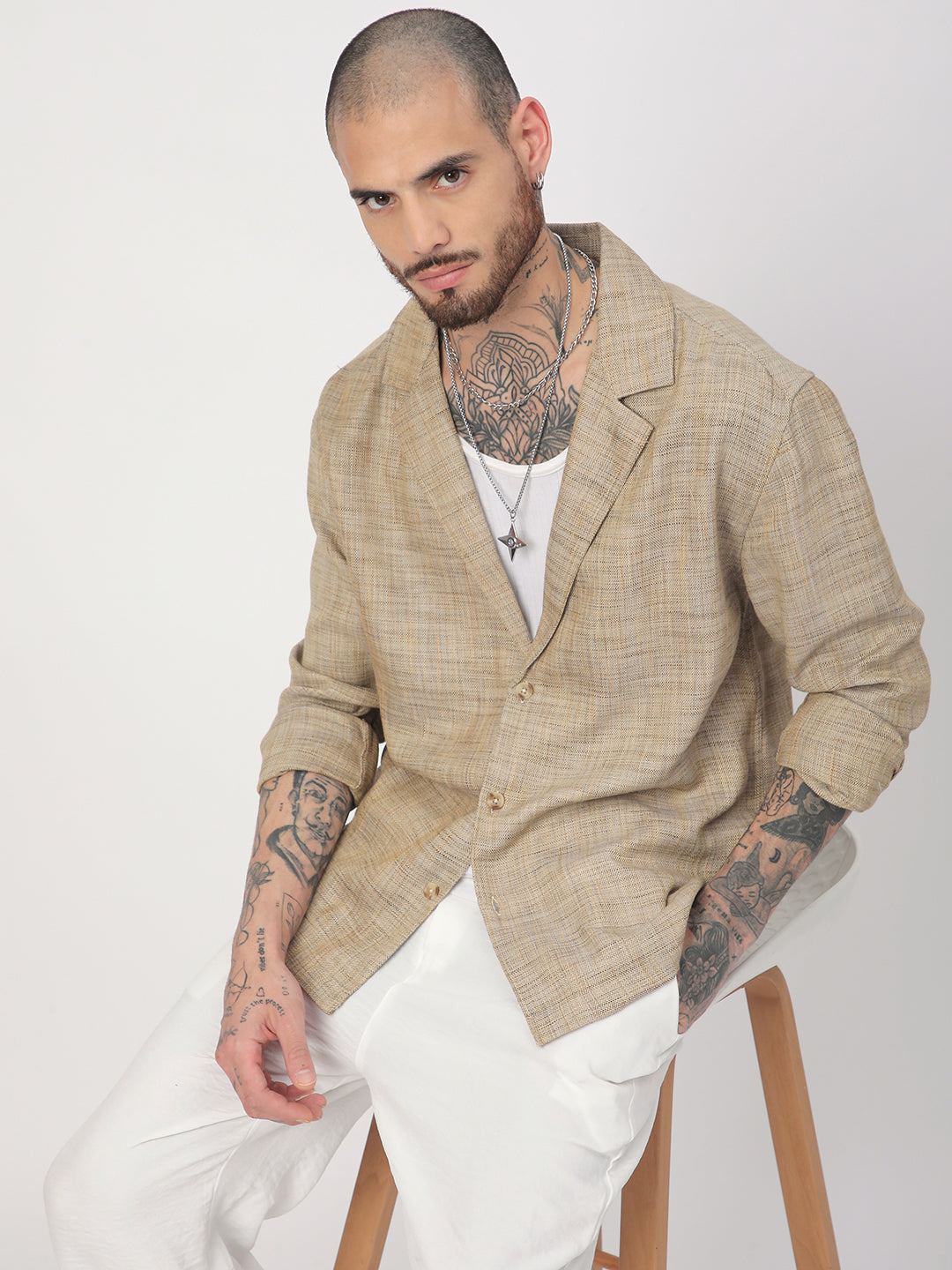 Tan Beige Melange Burlap Oversized Notched Lapel Collar Shirt