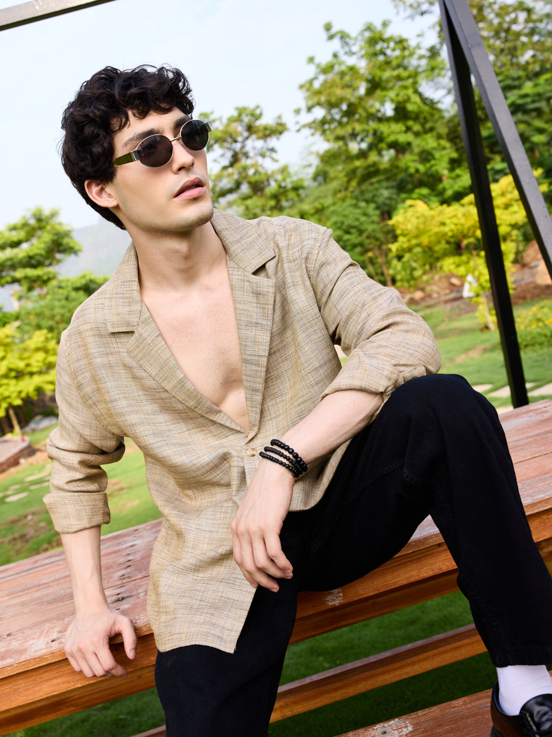 Tan Beige Melange Burlap Oversized Notched Lapel Collar Shirt