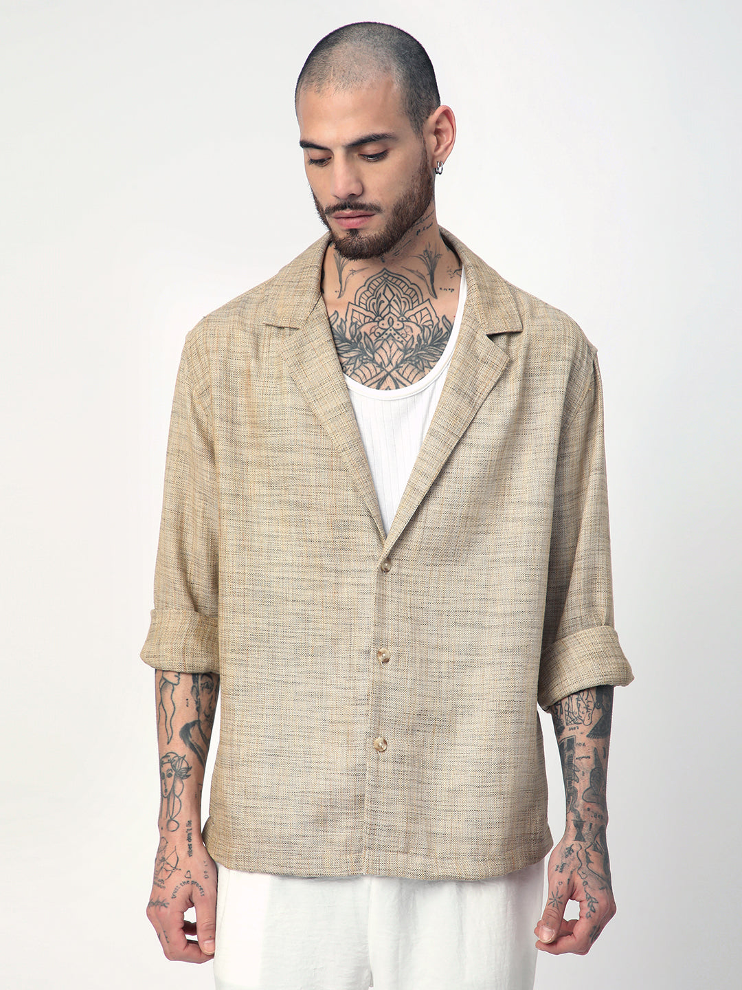 Tan Beige Melange Burlap Oversized Notched Lapel Collar Shirt