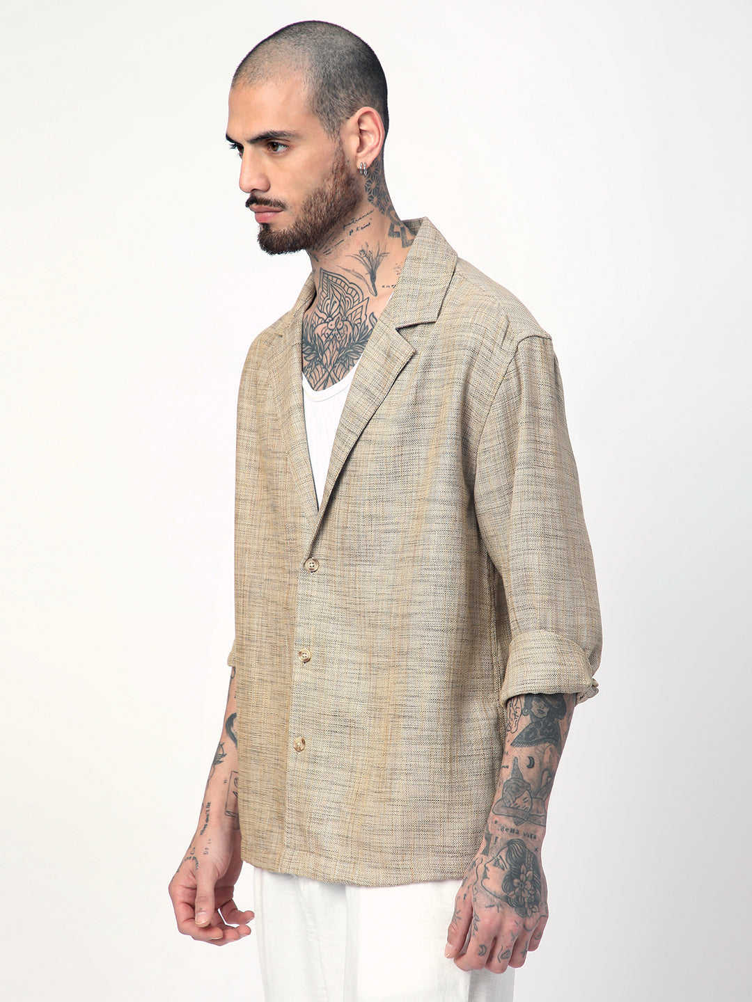 Tan Beige Melange Burlap Oversized Notched Lapel Collar Shirt