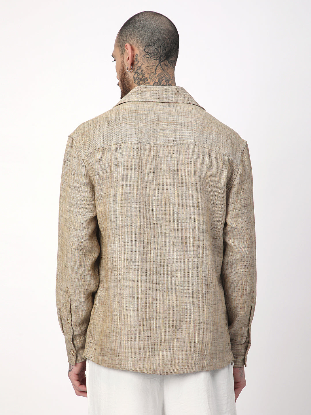 Tan Beige Melange Burlap Oversized Notched Lapel Collar Shirt