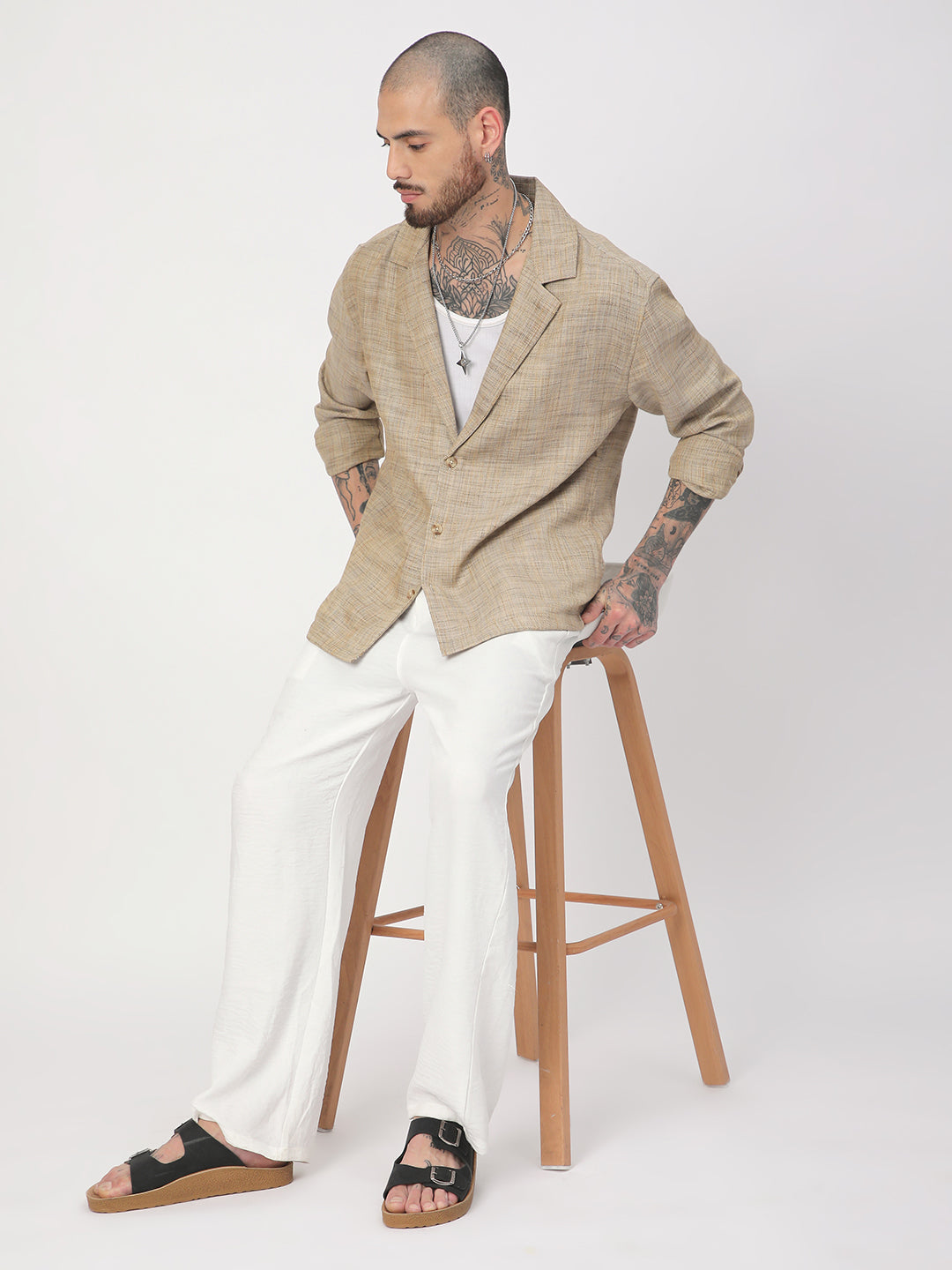 Tan Beige Melange Burlap Oversized Notched Lapel Collar Shirt