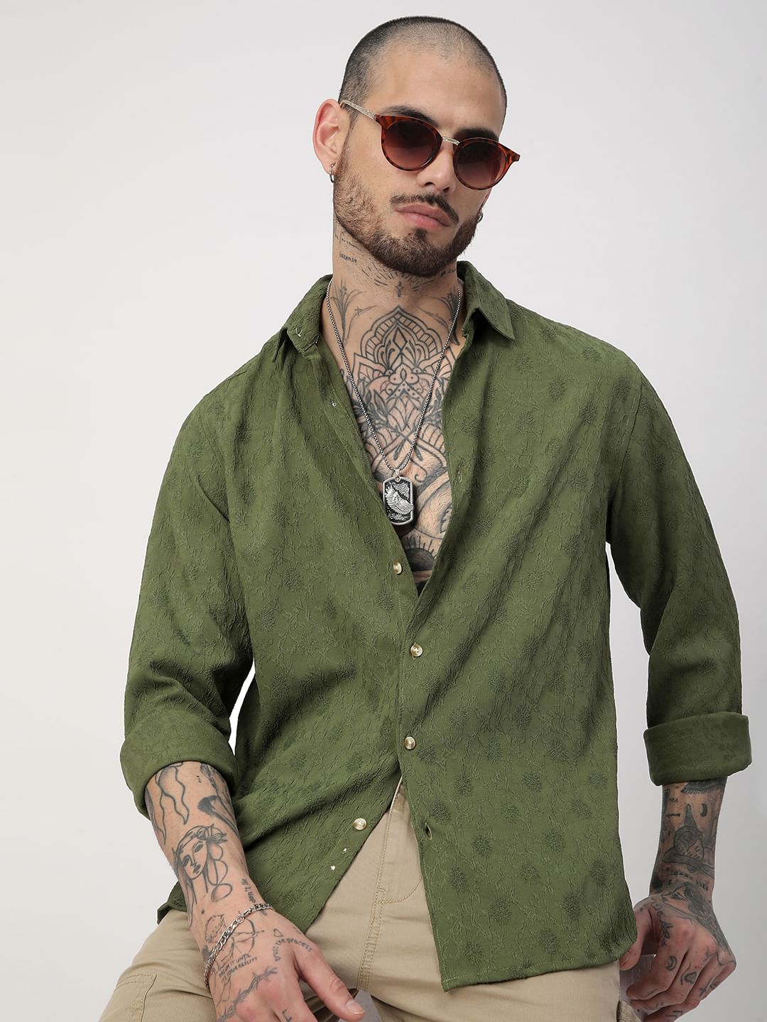 Basil Green Botanical Jacquard Shirt