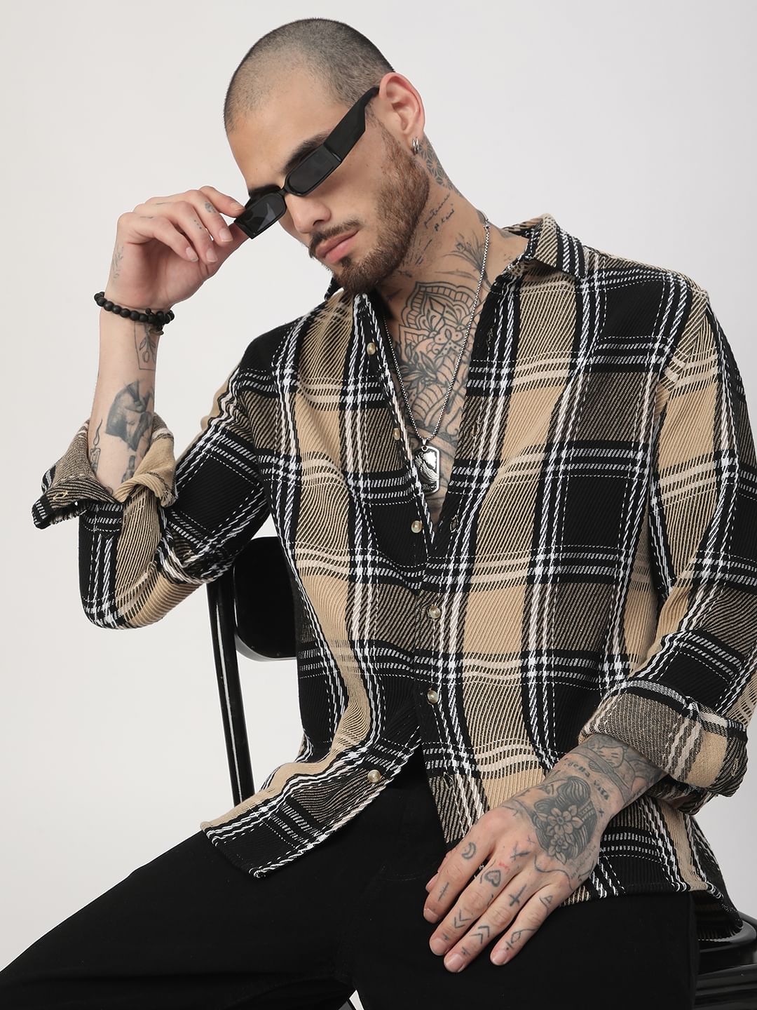 Black & Beige Heavy Twill Broad Checks Shirt