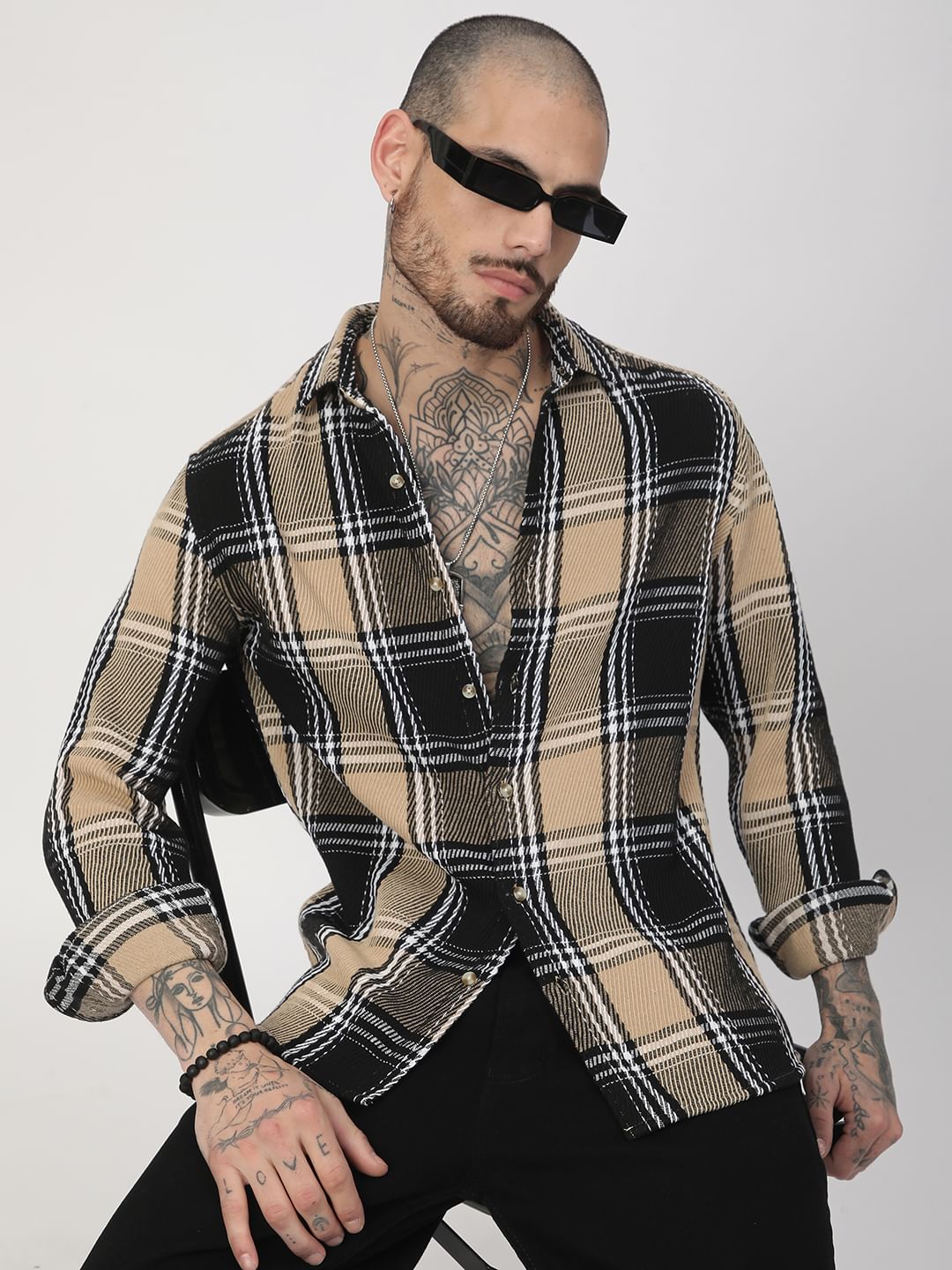 Black & Beige Heavy Twill Broad Checks Shirt