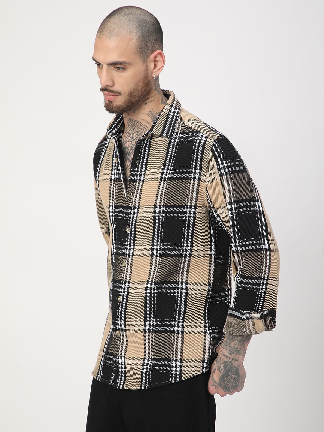 Black & Beige Heavy Twill Broad Checks Shirt
