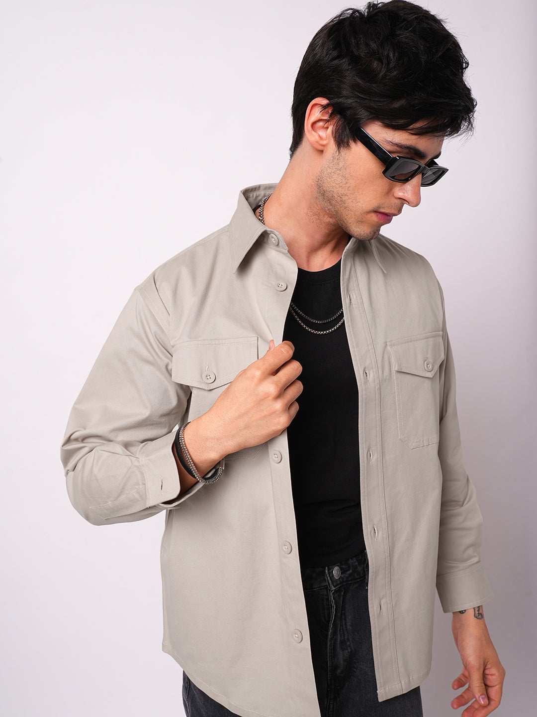 Super Soft Solid Bone Grey Double Pocket Overshirt