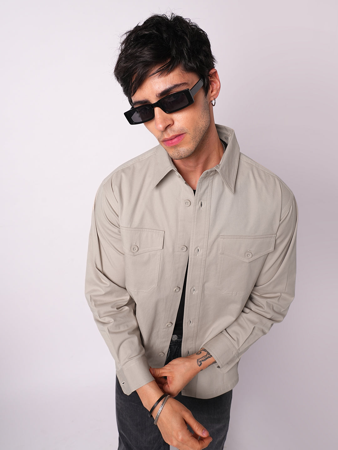 Super Soft Solid Bone Grey Double Pocket Overshirt