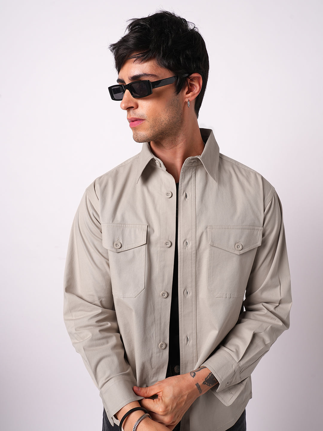 Super Soft Solid Bone Grey Double Pocket Overshirt