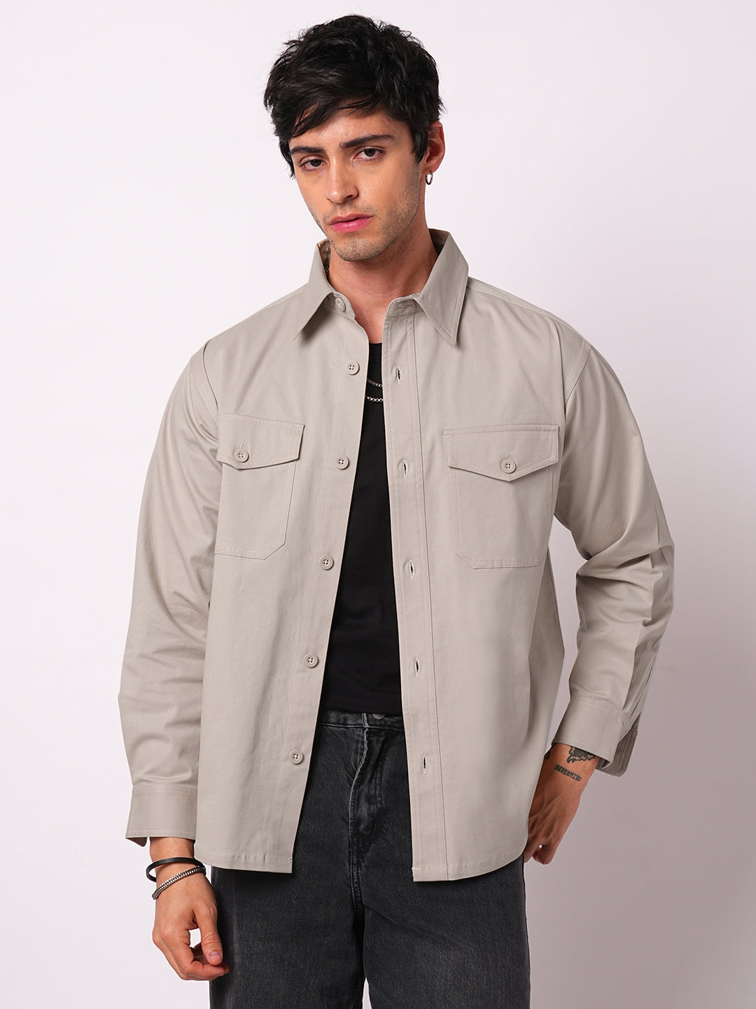 Super Soft Solid Bone Grey Double Pocket Overshirt