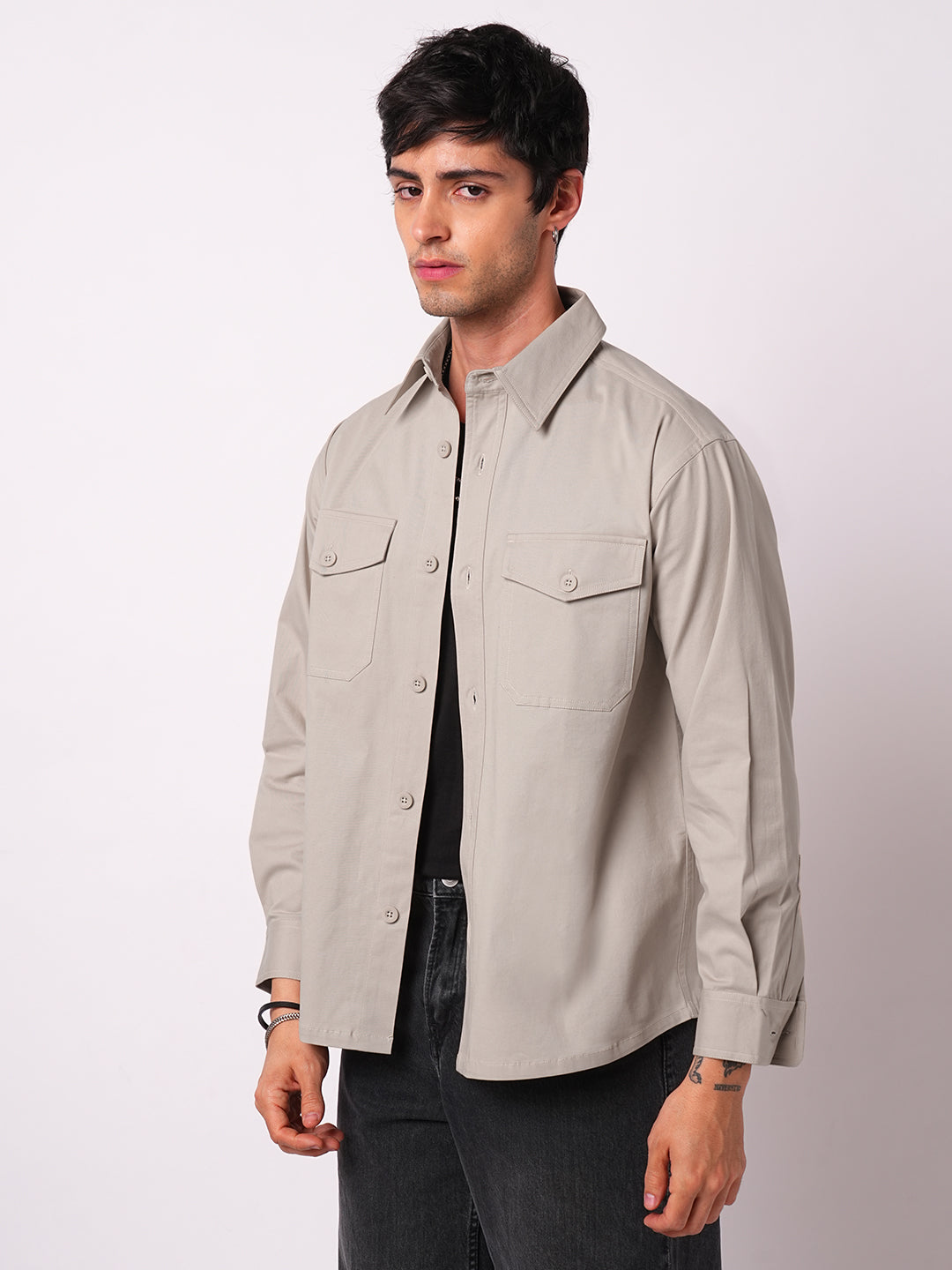Super Soft Solid Bone Grey Double Pocket Overshirt