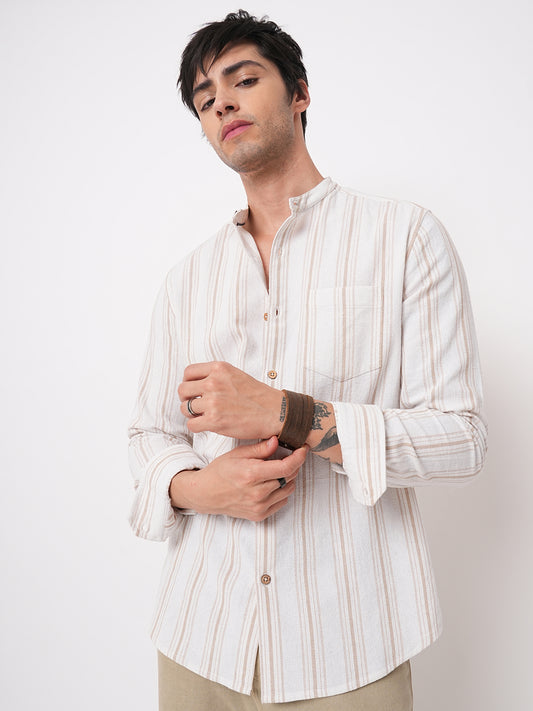 Beige & White Stripes Mandarin Shirt