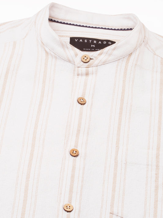 Beige & White Stripes Mandarin Shirt