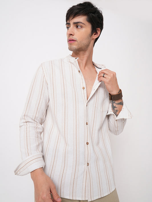 Beige & White Stripes Mandarin Shirt