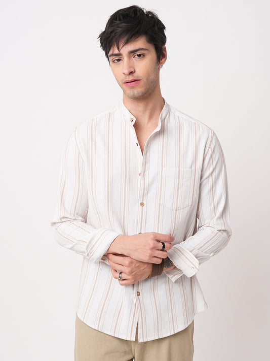 Beige & White Stripes Mandarin Shirt