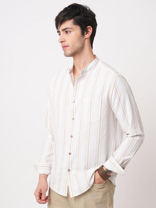 Beige & White Stripes Mandarin Shirt
