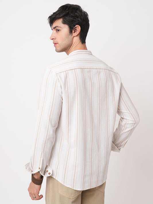 Beige & White Stripes Mandarin Shirt