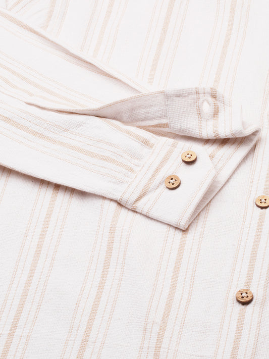 Beige & White Stripes Mandarin Shirt
