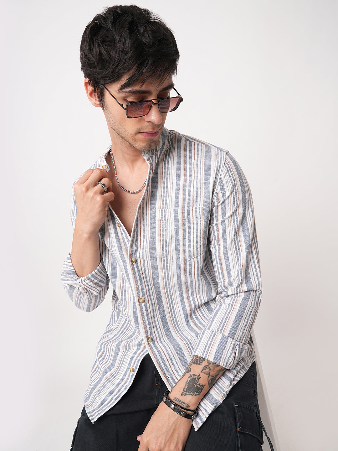 Blue & White Vertical Stripes Mandarin Shirt