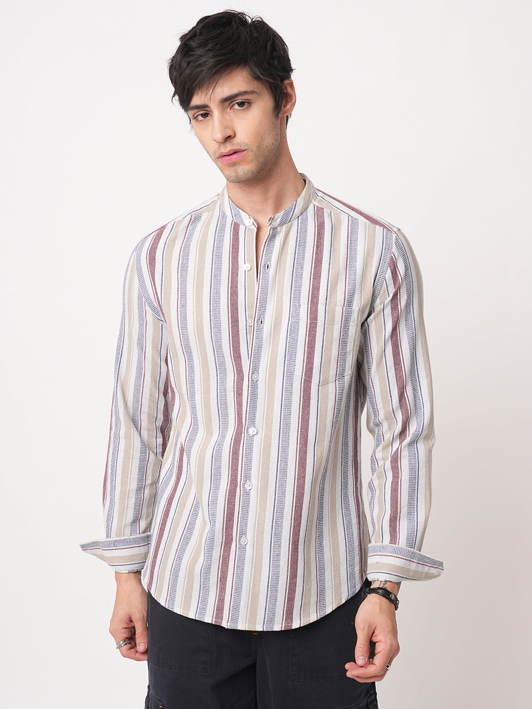 Multicolour Vertical Stripes Mandarin Shirt