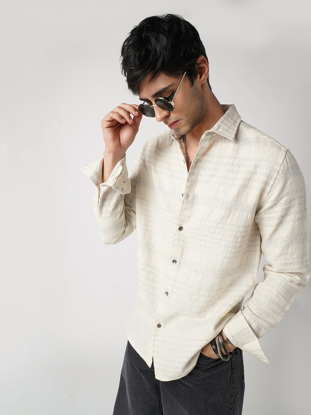 Ivory Herringbone Jacquard Shirt