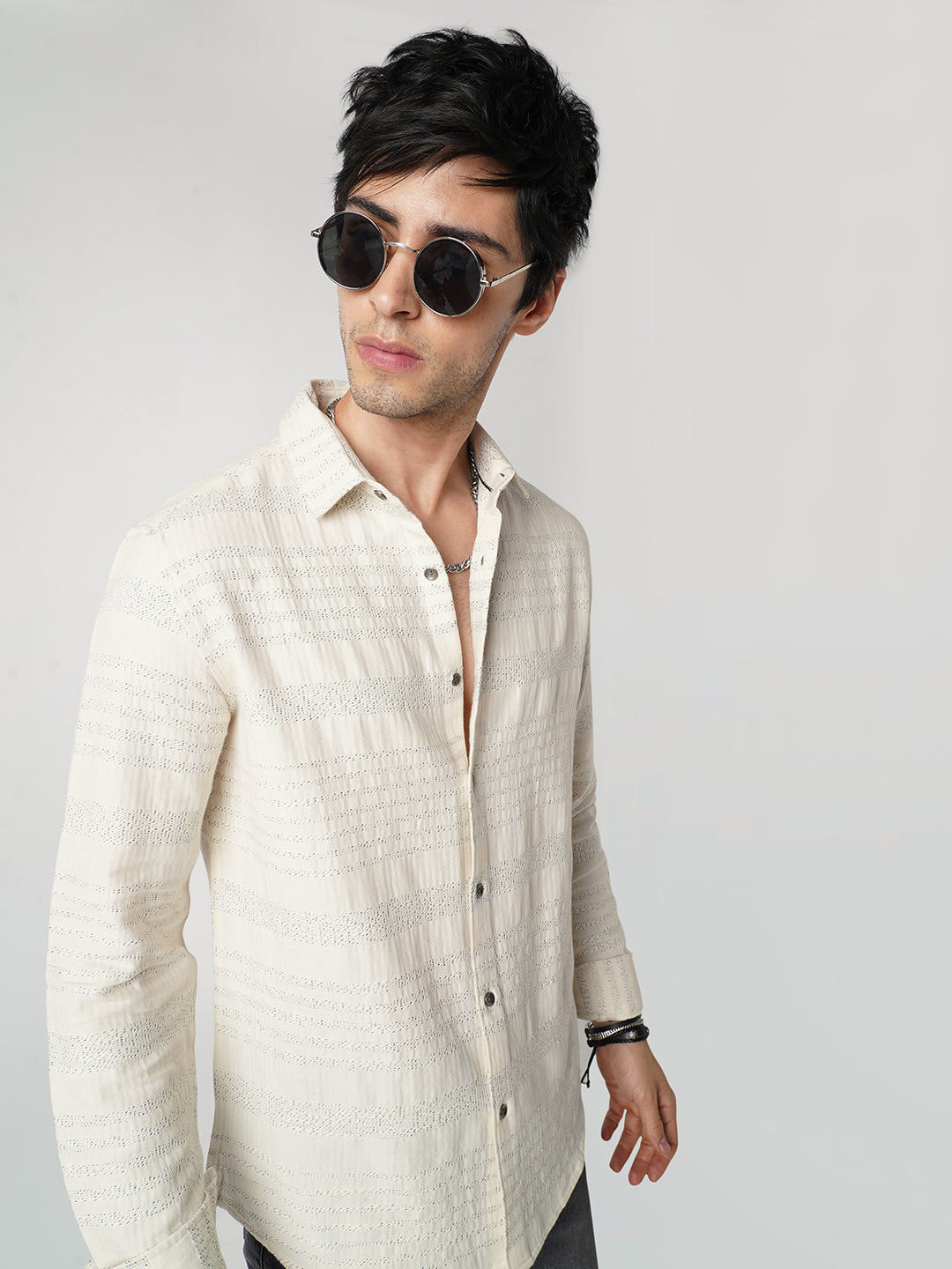 Ivory Herringbone Jacquard Shirt