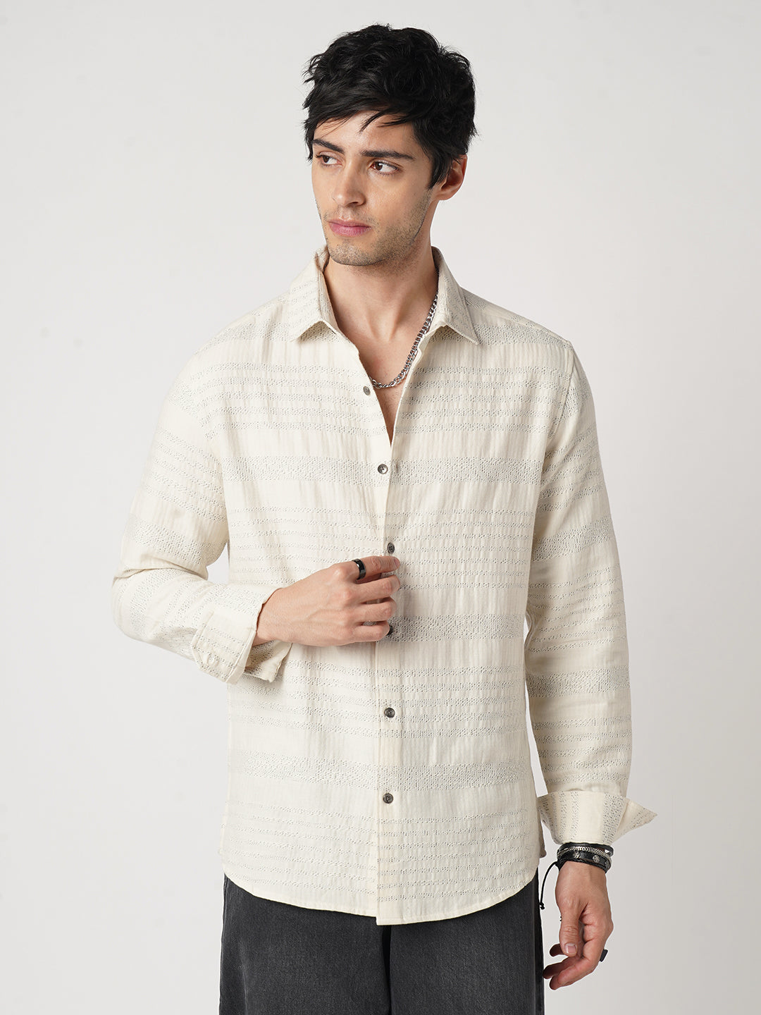 Ivory Herringbone Jacquard Shirt