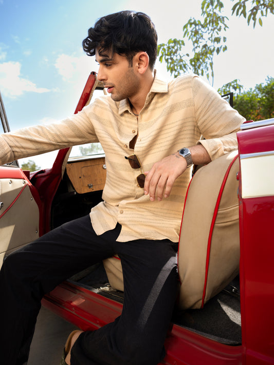 Debonair Tan Beige Herringbone Jacquard Shirt