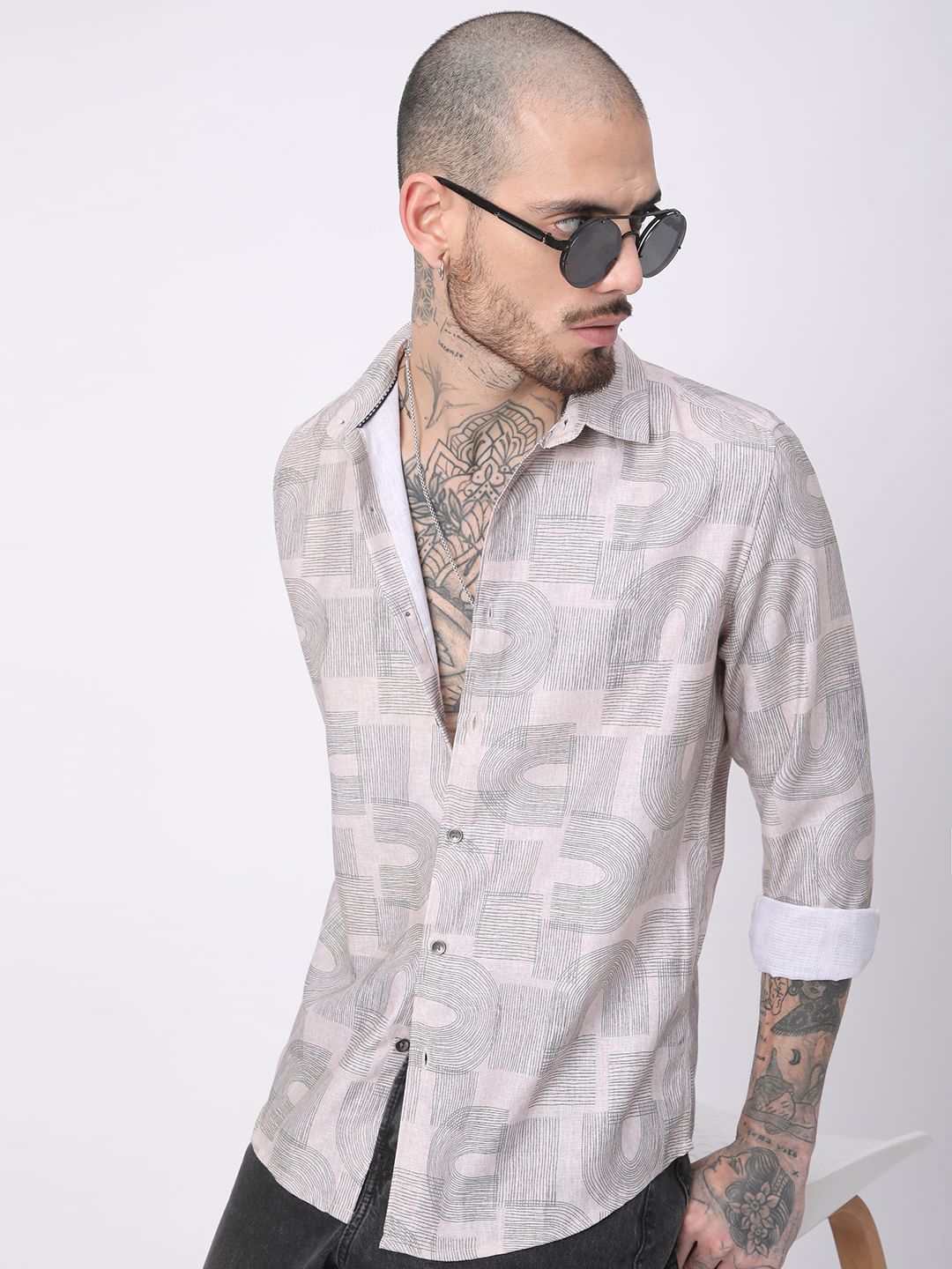 Beige & Olive Abstract Printed Shirt