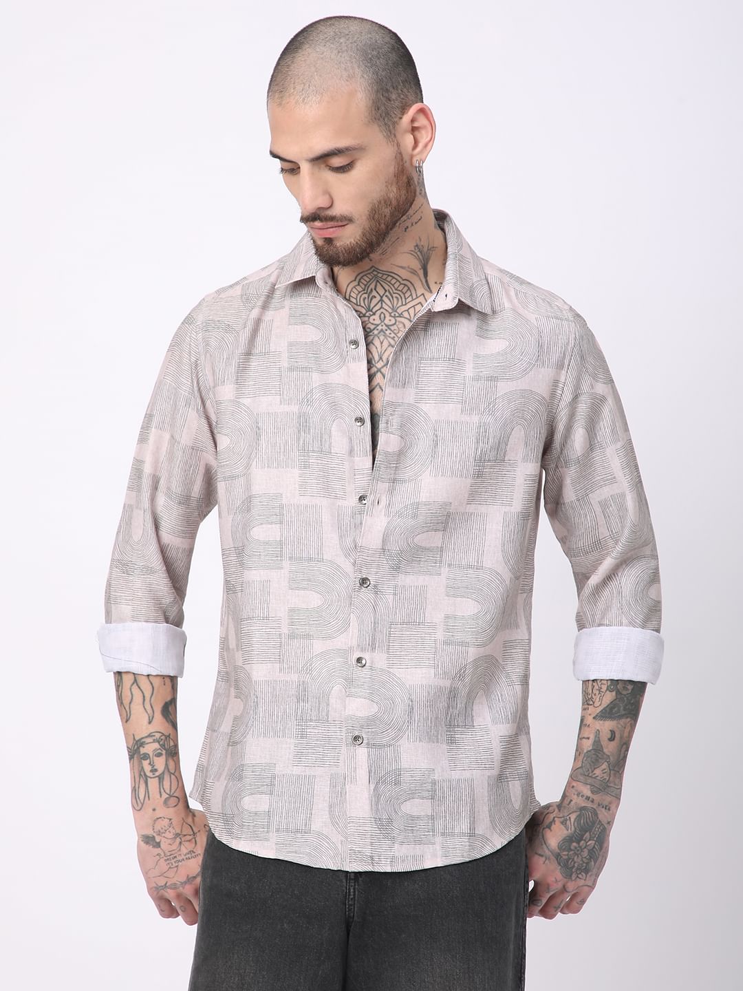 Beige & Olive Abstract Printed Shirt
