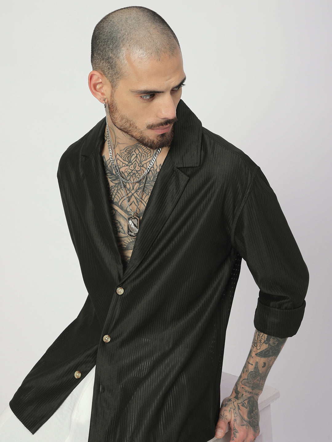 Pine Green Ribbed Oversized Notched Lapel Collar Shirt