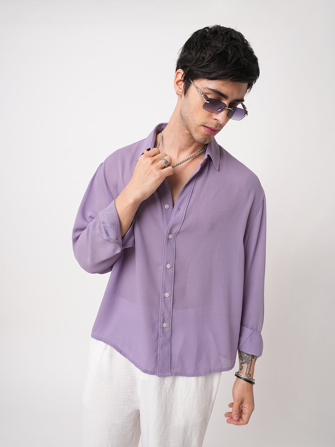 Heather Purple Crinkled Boxy Fit Crop Shirt