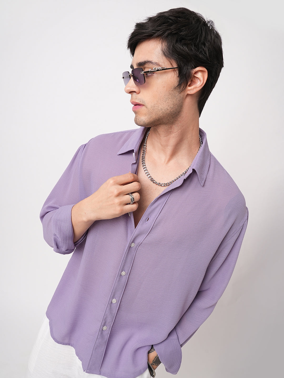 Heather Purple Crinkled Boxy Fit Crop Shirt