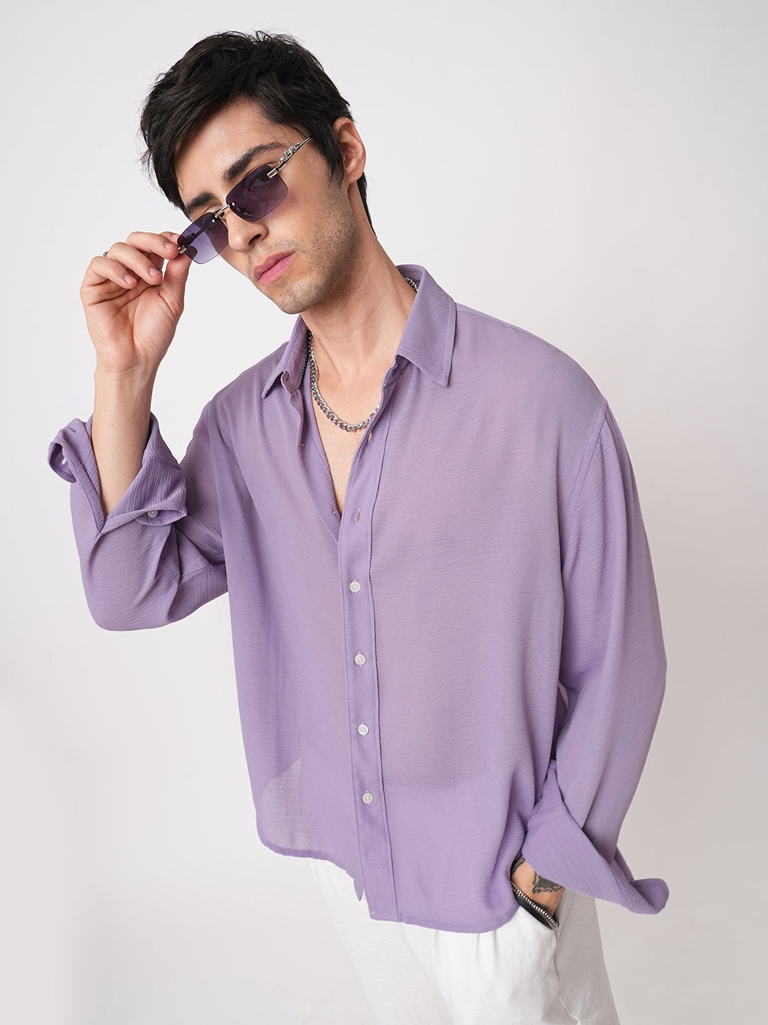 Heather Purple Crinkled Boxy Fit Crop Shirt