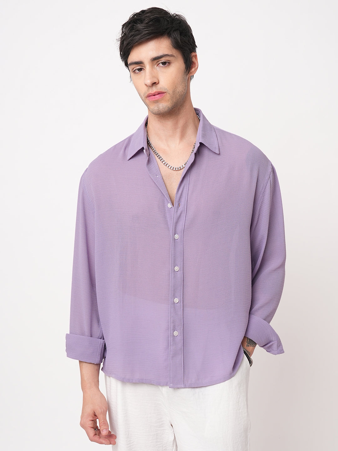 Heather Purple Crinkled Boxy Fit Crop Shirt