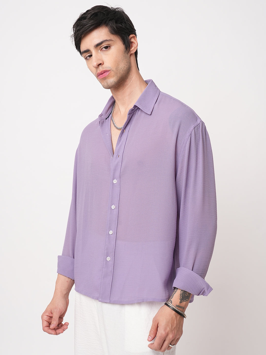 Heather Purple Crinkled Boxy Fit Crop Shirt